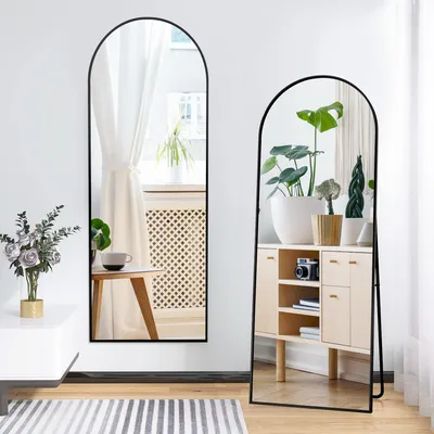 Immagine prodotto di Specchio a pavimento nero, 164x54 cm, specchio a figura intera con cornice in alluminio, specchio semicircolare per camera da letto, soggiorno, corridoio, cabina armadio