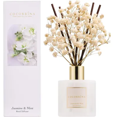 Obrázok produktu pre Aromatický difúzor s tyčinkami, 200 ml, vôňa jazmínu a mäty, s 8 vonných tyčiniek, dlhotrvajúca vôňa