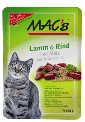 Produktbild von MAC's POUCH PACK HUHN & LAMM MIT KRÄUTERMIX, Adult, jede Rasse, Huhn, Lamm, 100 g, Getreidefrei