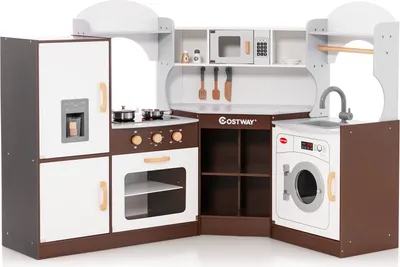 A wooden toy kitchen set with various appliances and accessories.
