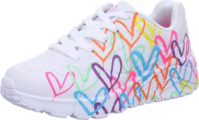 A single white sneaker with colorful heart graphics is shown from a side angle against a white background.