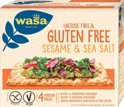 Produktbild von Wasa Knäckebrot Gluten und Laktosefrei mit Sesam und Meersalz VPE (10x240g Packung)