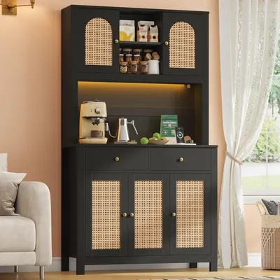 Produktbild von Flieks Küchenschrank mit LED-Beleuchtung, Steckdosen, Vorratsschrank mit 5 Rattantüren, 2 Schubladen, Hochschrank für Wohnzimmer, Esszimmer, Schwarz