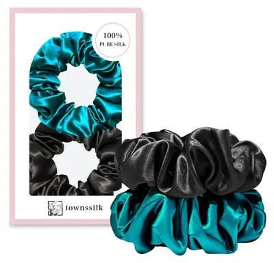 Image de Lot de 2 élastiques à cheveux, 100% soie de mûrier, noir et bleu paon, doux pour les cheveux
