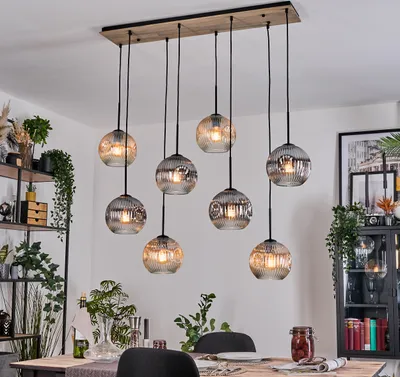 Produktbild von Cesaro Hängelampe aus Metall/Holz/Riffelglas in Schwarz/Natur/Rauch/Bernstein