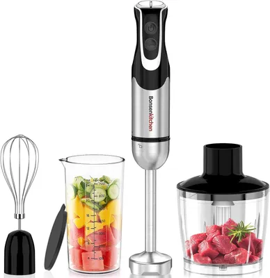 Produktbild von 4-in-1 Stabmixer 1000W Edelstahl mit 12 Stufen & Turbo, Pürierstab, Schneebesen, Zerkleinerer, 700ml Messbecher für Küche & Babynahrung