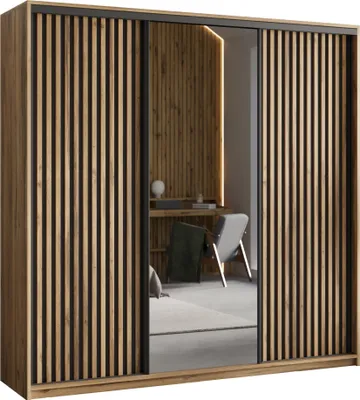 Produktbild von Masseno Schiebetürenschrank ORRA 200/205/60 cm Kleiderschrank mit Spiegel und Lamellen, 4 Schubladen Schlafzimmer Schrank 3-türig Eiche Wotan + Schwarz
