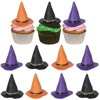 Obrázok produktu pre Dekorácie na cupcakes – 3D čarovné klobúky, 12 kusov, vhodné na Halloween a na zdobenie osláv
