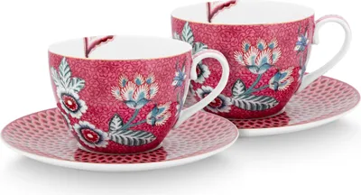 Produktbild von PIP STUDIO Flower Festival Tasse m.Unte. dark pink 280ml Set2