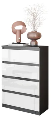 Produktbild von Kommode Anthrazit Grau / Weiß Hochglanz mit 4 Schubladen – Kleine Kommode für Schlafzimmer & Wohnzimmer – Modernes Sideboard – GABRIEL
