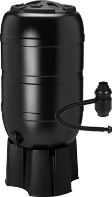 A black rain barrel on a stand with a hose attachment.
