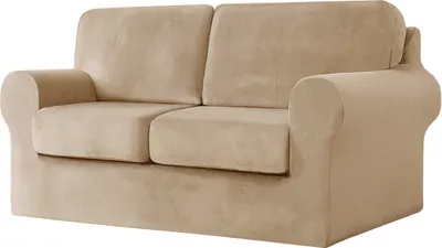 Produktbild von 2-Sitzer-Sofabezug mit 2 separaten Kissen und 2 Rückenlehnenbezügen, 5-teiliger Stretch-Sofabezug, Ersatz-Möbelschutz (Loveseat, Beige)