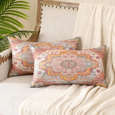 Produktbild von 2 Boho-Kissenbezüge, orange, 30 x 50 cm, mit floralem Boho-Muster im Vintage-Teppich-Stil, dekorativ für Wohnzimmer, Sofa, Schlafzimmer, Herbst