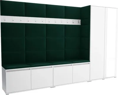 Produktbild von Garderoben-Set Noris V mit Spiegel, gepolsterte Garderobe 290 cm, Flurmöbel mit Wandpaneelen, 12 Haken und Schrank (Farbe: Weiß + Trinity 28)