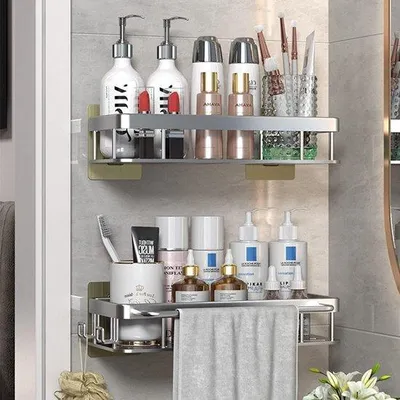 Produktbild von Famanu Badezimmerregal Wandregal mit Wasserablauf - 2 Stück (Silber)