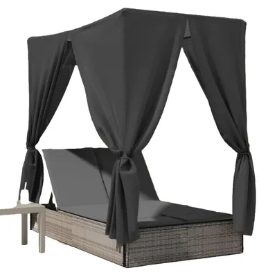 Immagine prodotto di vidaXL Lettino doppio con tetto e tende in poly rattan grigio
