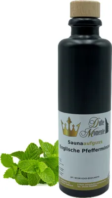 Produktbild von Dufte Momente | Saunaduft Konzentrat Pfefferminze 200ml in schwarzer Steingutflasche | naturreine ätherische Öle | vegan, ohne Tierversuche