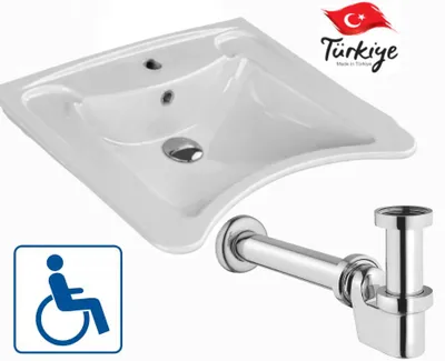 Zdjęcie produktu dla Cera Style | Umywalka dla osób niepełnosprawnych – 60 x 50 cm – biała – syfon zajmujący mało miejsca – ceramika