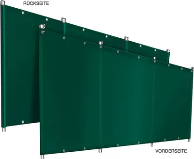 Obrázek produktu pro Kempinkový větrolam z PVC plachty na nákladní auta (1,4 m x 7 m, zelená RAL6005) S rámovými tyčemi, 680 g, pevný, s popruhy a oky