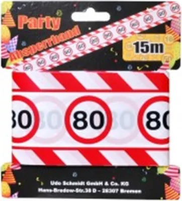 Produktbild von Absperrband 80 zum 80. Geburtstag rot weiß aus Kunststoff mit Zahl