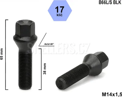Obrázok produktu pre Skrutka kolesa M14x1,5x38 kužeľ, kľúč 17, C17D38F-BLACK, B66L/S BLK čierna, výška 65 mm