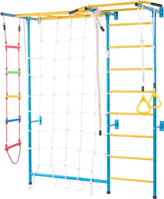 A colorful indoor climbing frame for children, featuring a rope net, ladder, and rings, set against a white background.
