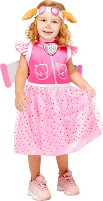 A young child wearing a Paw Patrol Skye costume.