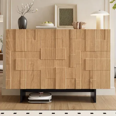 Produktbild von okwish modernes Sideboard mit verstellbaren Regalböden und Stauraum, Wohnzimmerschrank,geometrischer Strukturfront,Natur