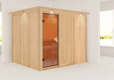Produktbild von Karibu Sauna Innensauna Gobin Fronteinstieg ohne Zubehör 245x210x202 cm mit Dachkranz mit Bronzierte Tür