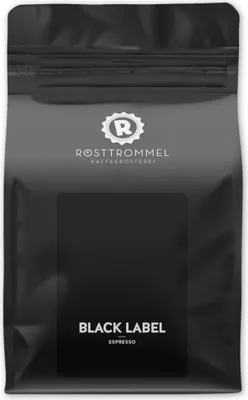 Produktbild von RÖSTTROMMEL BLACK LABEL - Special Blend ESPRESSO, Ganze Kaffee-Bohnen 1kg, 50% Arabica, 50% Canephora, Röstung 8.5/10, 50% Brasilien, 50% Indien, Geschmack: cremig - kräftig - zartbitter Schokolade