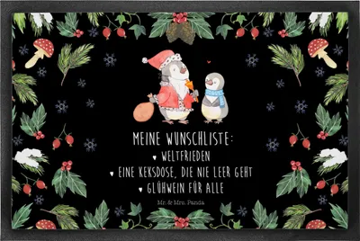 Produktbild von Mr. & Mrs. Panda Fußabtreter Pinguin Wunschliste 40 x 60 cm - Schwarz - Geschenk, Fussmatte, Weihnachten, fußmatte, Bodenvorleger, Schmutzmatte, Schmutzfangmatte