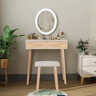 Produktbild von Puluomis Schminktisch mit LED Beleuchtung Spiegel Oval,Hocker und 2 Schubladen Weiß Holzfarbe