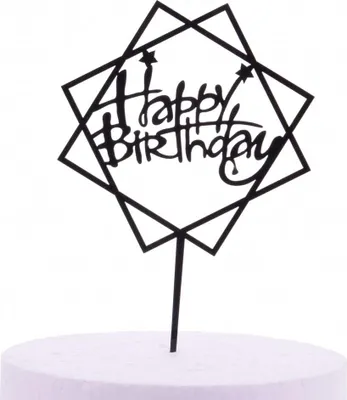 Imagen del producto de Adorno acrílico para pastel, color negro, con la inscripción "FELIZ CUMPLEAÑOS" en forma de cuadrado