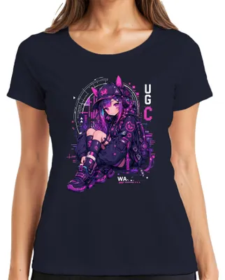 Productafbeelding van Cyberpunk anime-meisje, gamer, kawaii, techwear, Japan, Y2K, manga, otaku, dames T-shirt, marineblauw, maat S
