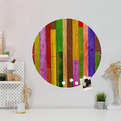 Produktbild von Design Stahlmagnettafel Weiß Rund 47cm Holz Collage Bunt