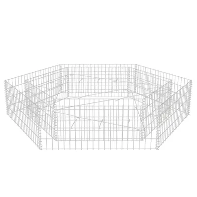 A hexagonal gabion planter made of wire mesh, shown from a slightly elevated side angle against a white background.