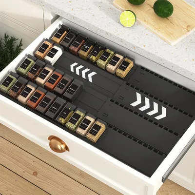 Produktbild von Gewürzregal mit Schublade und 4 Ebenen, Gewürzorganizer, Schubladenorganisationssystem für Schubladen von 33 cm bis 62 cm, Organizer für Küche, Arbeitsplatte, Schrank oder Regal.