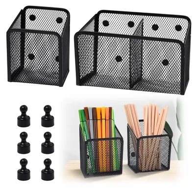 Image de Panier de rangement magnétique en deux parties, porte-crayons en métal, noir, pour réfrigérateur, fournitures de bureau