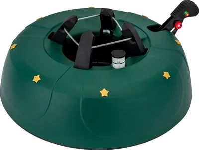 A green Christmas tree stand with yellow stars on the side.