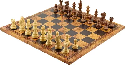 Produktbild von KLASSISCHES PREMIUM Schachset aus Akazienholz 9,1 cm + Kunstleder Schachbrett mit Antik-Kartenmotiv 45 cm