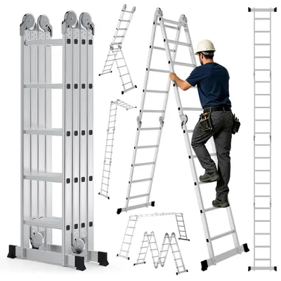 Zdjęcie produktu dla Ikodm Uniwersalna drabina wielofunkcyjna 7 w 1, 4 x 5 szczebli, wysokość ok. 580 cm / 5,8 m, aluminiowa, składana, drabina rozkładana i stojąca, maksymalne obciążenie: 150 kg
