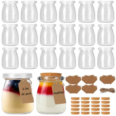 Produktbild von Joghurtgläser 190ml - 20 Stück - Transparente Dessertgläser - Einmachgläser mit Etiketten - Puddinggläser - Inklusive Deckel und Schnur
