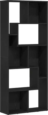 A black bookshelf with multiple compartments of varying sizes.