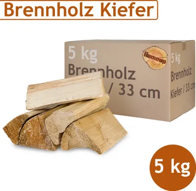 Obrázek produktu pro Borovice Palivové dřevo Palivové dřevo 5 kg Pro kamna a krb Ohnivá mísa Grilovací polena Palivové dřevo Dřevo 33 cm sušené v peci Flameup