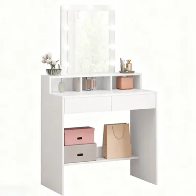 A white vanity table with a lighted mirror and makeup accessories.