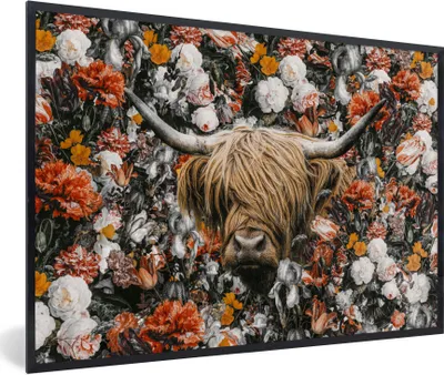 Produktbild von MuchoWow® Gerahmtes Poster Schottischer Highlander - Blumen - Schwarz - Weiß 90x60 cm - Poster mit Schwarzem Bilderrahmen Wandposter Rahmen Foto Bilder - Fotorahmen - Foto-Plakat