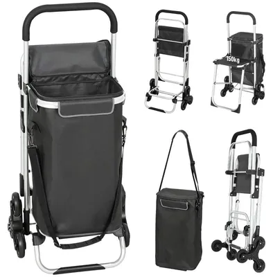 Produktbild von Moonbite Einkaufstrolley 40 L mit Sitz, 3-Rad-Treppensteiger, wasserdichte Oxford-Tasche abnehmbar, Aluminiumrahmen faltbar, Sitz 150 kg, Dunkelgrau