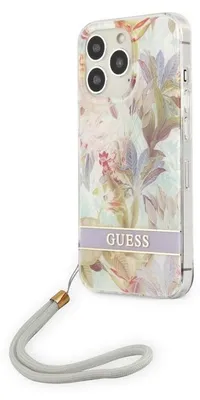 Obrázok produktu pre Guess, Ochranné puzdro Flowers s nylonovou retiazkou Apple iPhone 13 Pro, levanduľová