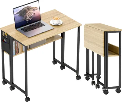 Image de HOMCOM Bureau pliable sur roulettes, table d'ordinateur 80 x 50 cm avec étagère et sac de rangement, table d'étude pour bureau à domicile, chambre, petits espaces, chêne