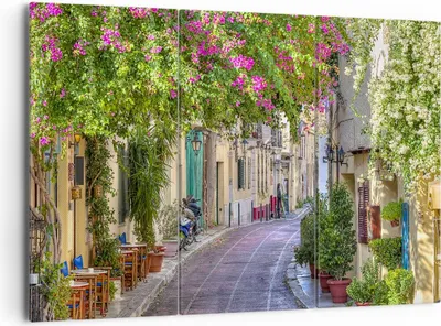 Produktbild von Bild auf Leinwand - Leinwandbild - Straße dekoration blumen griechenland - 165x110cm - Wand Bild - Wanddeko - Leinwanddruck - Bilder - Kunstdruck - Leinwand bilder - Wandkunst - CE165x110-2429